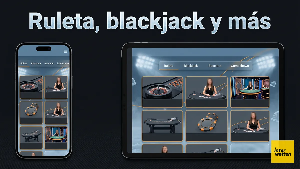 Pestañas del lobby del casino en vivo de Interwetten con ruleta, blackjack, baccarat y gameshows